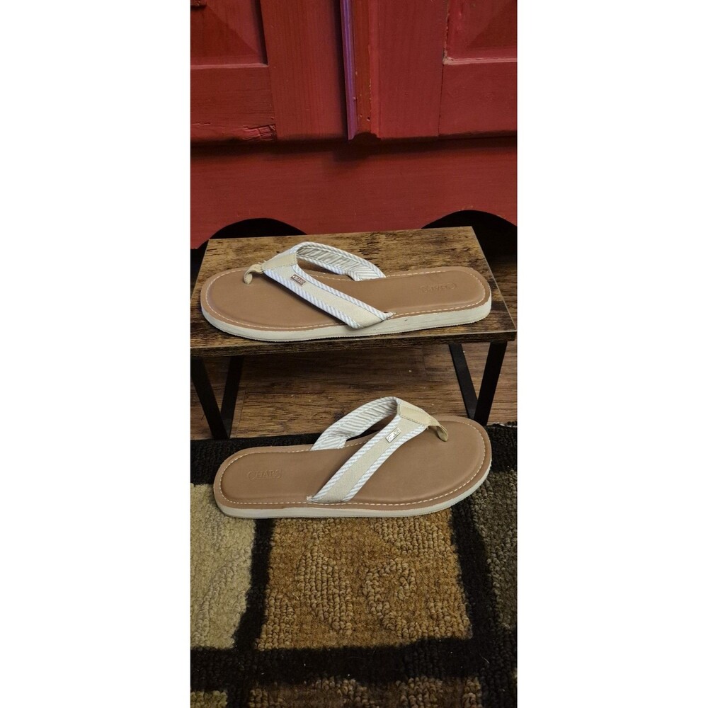 Chaps L  9-10 Ralph Lauren  Tan & White Soft Sole Flip Flop Sandals  Comfort EUC